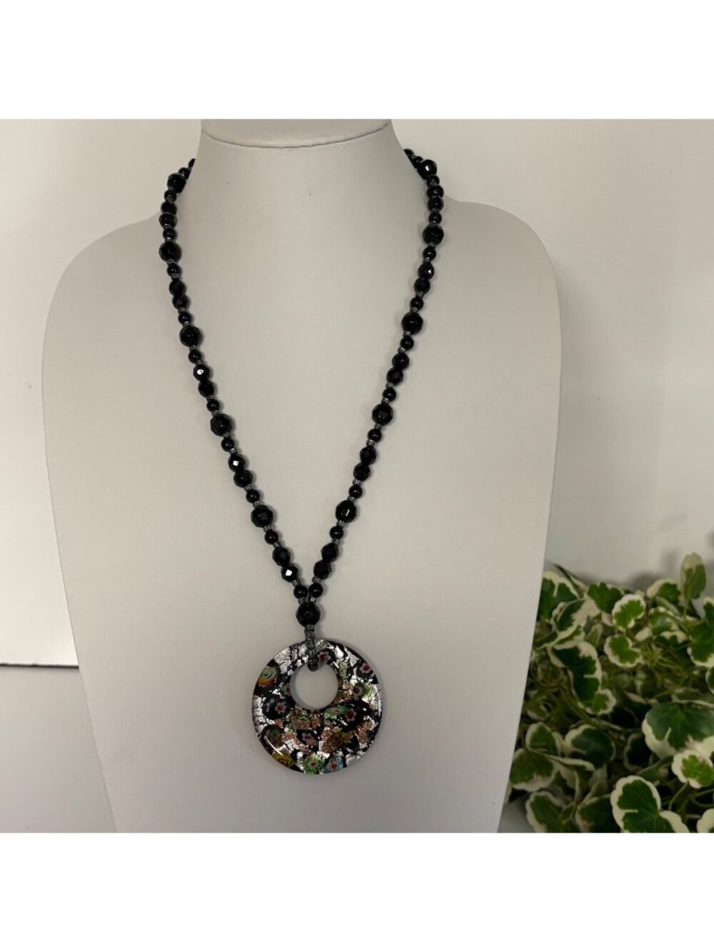 Black Faceted Bead Necklace Round Mosaic Silver Foil Glass Pendant Artisan